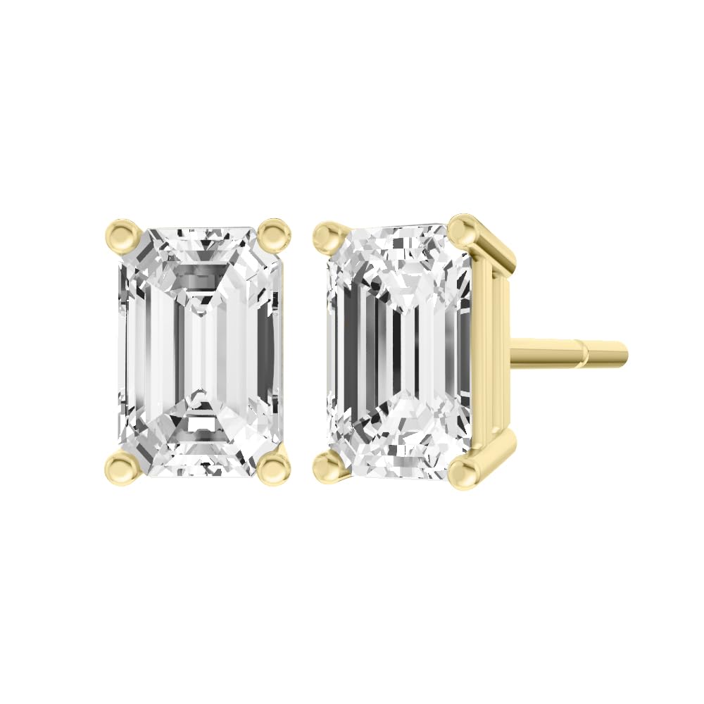 14K Yellow Gold IGI Certified Lab Grown Diamond Solitaire Stud Earrings for Women 4 Carat Secure Push Back 4 Prong Emerald, D-E Color, VVS-VS Clarity