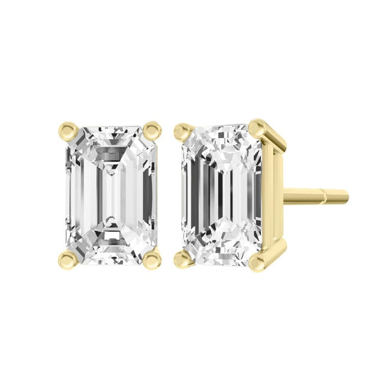 14K Yellow Gold IGI Certified Lab Grown Diamond Solitaire Stud Earrings for Women 4 Carat Secure Push Back 4 Prong Emerald, D-E Color, VVS-VS Clarity